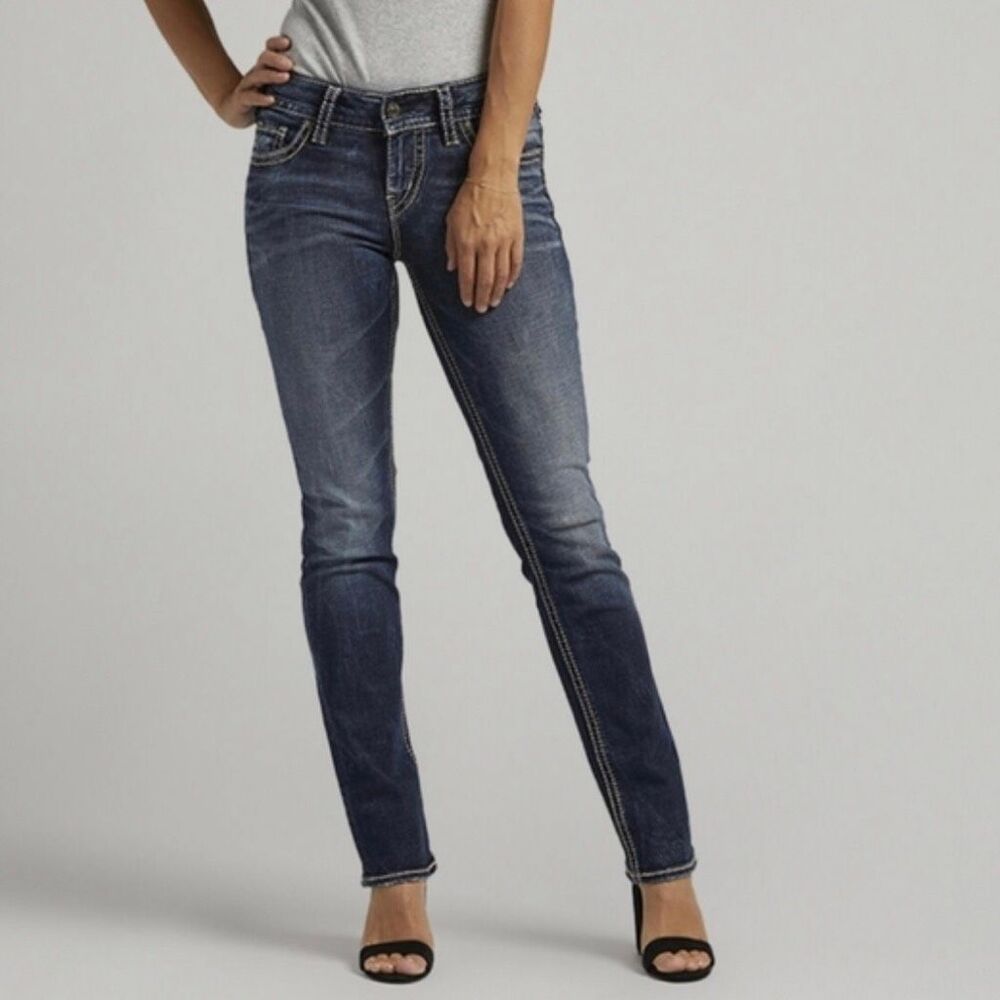 Silver jeans suki mid straight leg size 31 dark wash super stretch